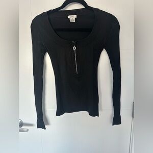 Cache Black Ribbed Zip Front Y2K Knit Top Size XS